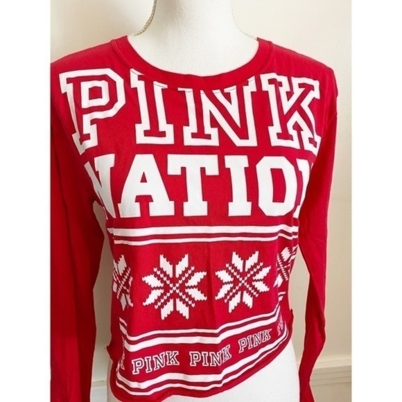 VS PINK • Red White Fair Isle Cropped Holiday Tee - Picture 2 of 4